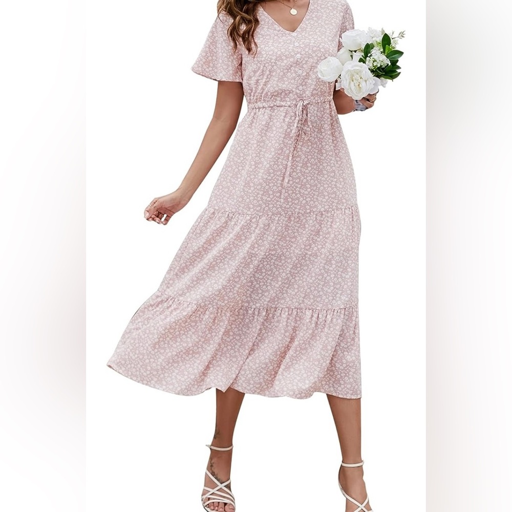 Floral Boho Maxi Dress V Neck Short Sleeve Tiered Ruffle Swing Casual Dress